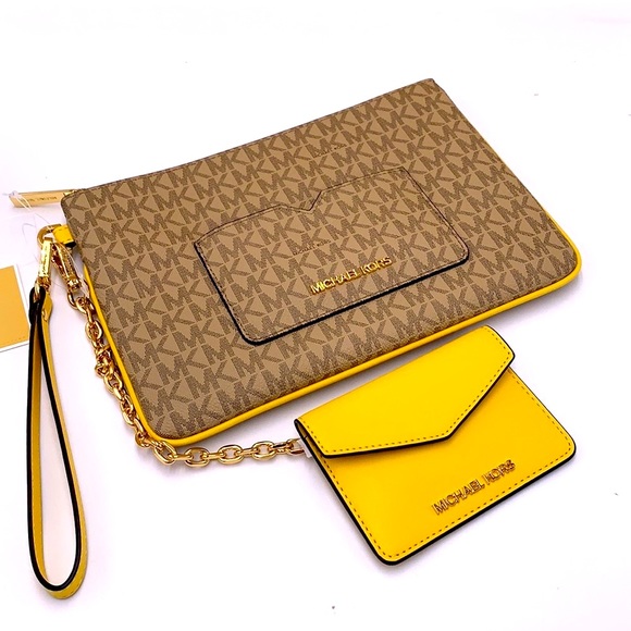 Michael Kors Jet Set LG 2 in 1 card case wristlet Wallet DAFFODIL SIGNATURE - Picture 3 of 16